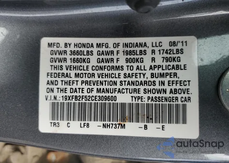 2012 Honda Civic Lx from USA, damaged, VIN 19XFB2F52CE309600